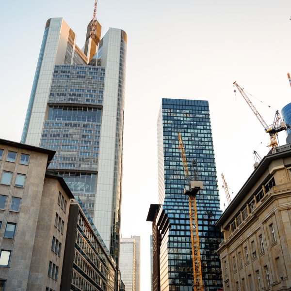 Cityscape of Frankfurt downtown at sunset, Germany. Skyscrapers and classic buildings