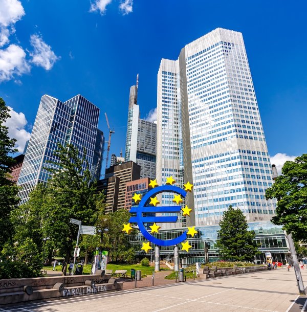Euro sign as symbol for Europe with banks skyscrapers city at Willy Brandt square in Frankfurt, Germany